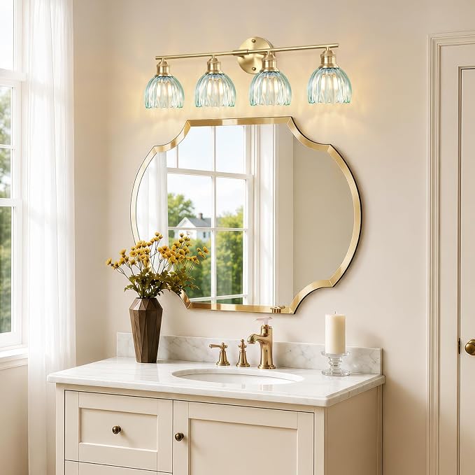 Bathroom Light Fixtures, 4-Light Brushed Gold Vanity Lights for Bathroom with Blue Tulip Glass Shade, 26" Vintage Bathroom Vanity Lighting Fixtures Over Mirror for Bedroom Living Room Hallway