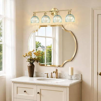 Bathroom Light Fixtures, 4-Light Brushed Gold Vanity Lights for Bathroom with Blue Tulip Glass Shade, 26" Vintage Bathroom Vanity Lighting Fixtures Over Mirror for Bedroom Living Room Hallway