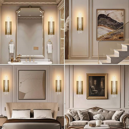 18" Wall Sconces Set of 2, Gold Bathroom Vanity Light Fixtures with Clear Glass Tube, Modern Brass Lamp Lighting for Mirror, Bedroom, Living Room, Hallway, Staircase