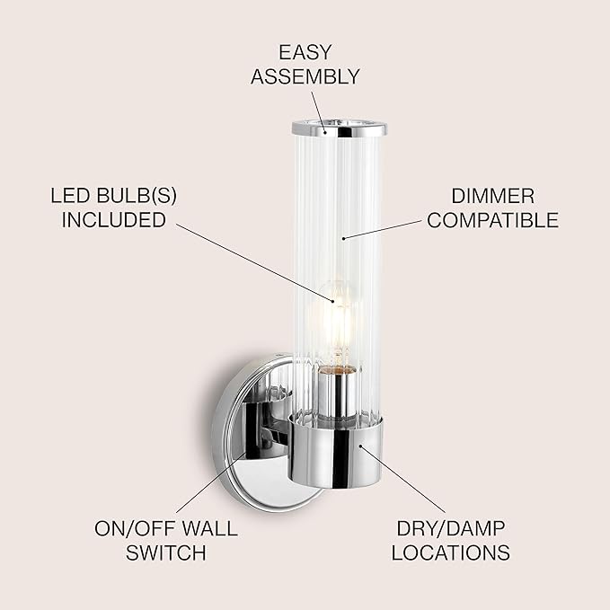 JONATHAN Y 6" Chrome 1-Light Modern Mid-Century LED Vanity Light Sconce for Bathroom, Hallway, Bedroom Wall Mounted Fixture with Striped Clear Glass Shade, LED Bulb Included JYL3537A