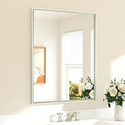 Brushed Nickel Mirror for Bathroom Sink 28" x 36" Beveled Frame Brushed Nickel Vanity Rectangle Mirror for Bathroom Wall, Modern Farmhouse, Tempered Glass, Shatterproof, Stronger Frame