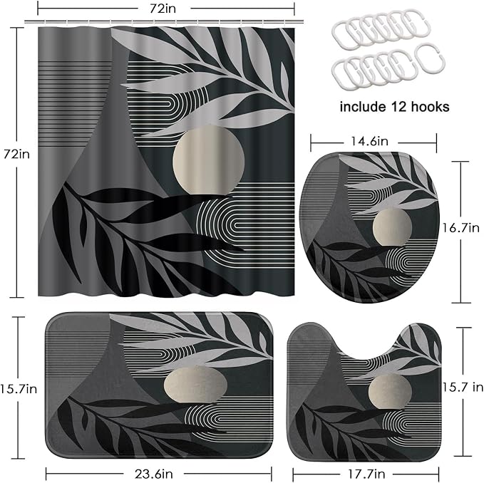 Bathroom Set with Shower Curtain and Rug 4 Pcs Mid Century Abstract | Modern Boho Leaves Bathroom Decor Set with Toilet Lid Cover, Non-Slip Bath Mats and Accessories 12 Hooks
