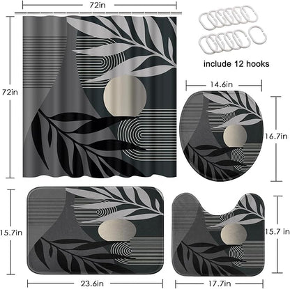 Bathroom Set with Shower Curtain and Rug 4 Pcs Mid Century Abstract | Modern Boho Leaves Bathroom Decor Set with Toilet Lid Cover, Non-Slip Bath Mats and Accessories 12 Hooks