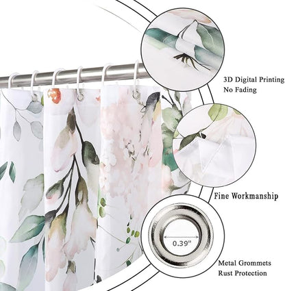 Spring Eucalyptus Shower Curtain, Sage Green Leaves Botanical Plants with Pink Flowers on The Top Fabric Bathroom Curtain Home Decor Waterproof Washable 12 Hooks 72.00'' x 72.00'' (GCI-9918)