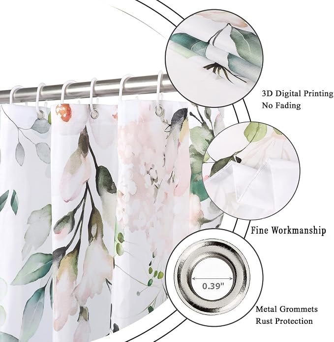 Spring Eucalyptus Shower Curtain, Sage Green Leaves Botanical Plants with Pink Flowers on The Top Fabric Bathroom Curtain Home Decor Waterproof Washable 12 Hooks, 78''Lx72''W, GCI-10057
