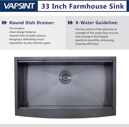 VAPSINT 33 Inch Black Farmhouse Kitchen Sink, 33x20x9 Inches Stainless Steel Undermount 16 Gauge Deep Single Bowl Apron Front Workstation Ledge Farm Sink with Accessories