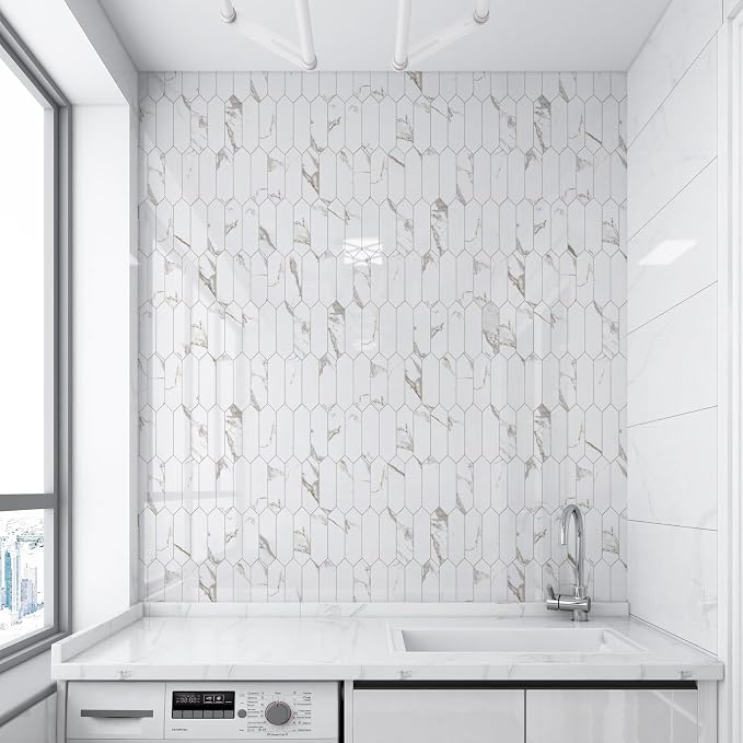 Vamos Tile Glossy White Marble with Gold Veining Backsplash Tile Peel and Stick, 12.8 x 12.8 Inch 10 Sheets Long Hexagon PVC Self Adhesive Mosaic Tiles Stick on Backsplash for Kitchen and Bathroom