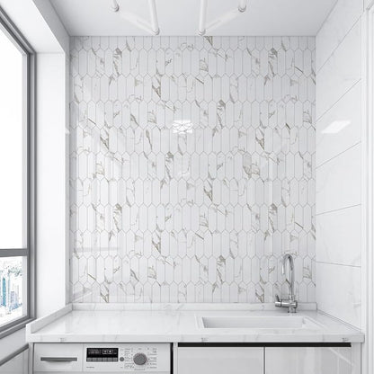 Vamos Tile Glossy White Marble with Gold Veining Backsplash Tile Peel and Stick, 12.8 x 12.8 Inch 10 Sheets Long Hexagon PVC Self Adhesive Mosaic Tiles Stick on Backsplash for Kitchen and Bathroom