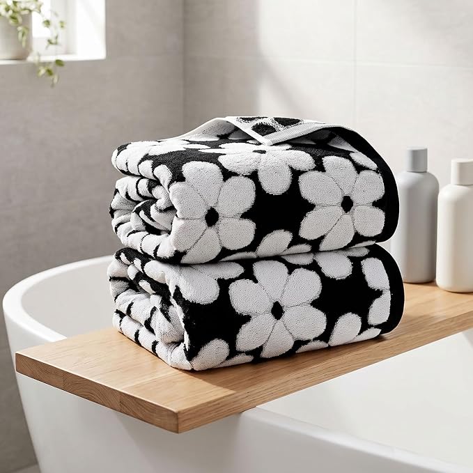 Black Bath Towels Set of 2, Super Soft & Quick Drying 27.5x55 Inches | Decorative Floral Jacquard Shower Towels for Bathroom, Cotton