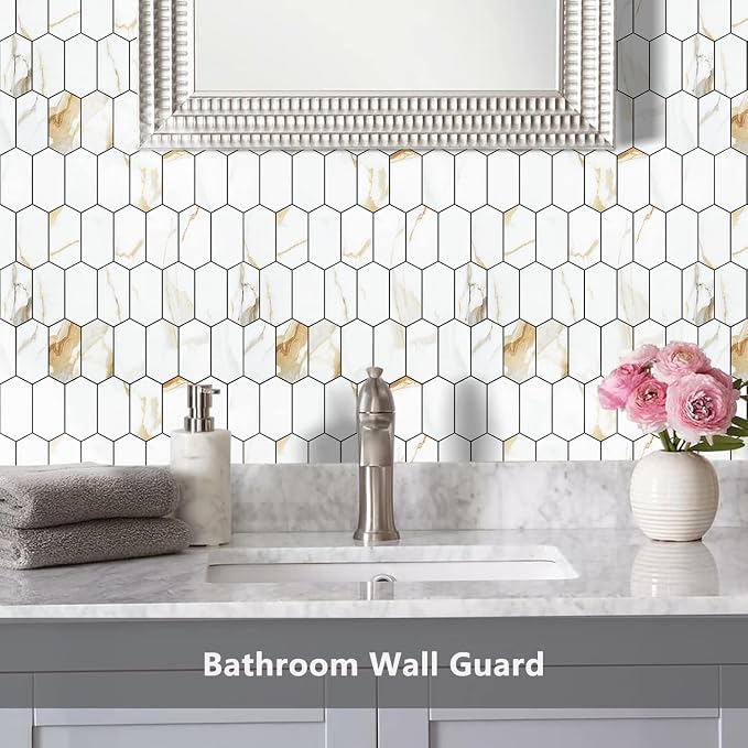 Vamos Tile Long Hexagon Peel and Stick Backsplash Tile - 10 Sheets Stick on Backsplash for Kitchen and Bathroom 12.4 x 12 Inch Calacatta Gold PVC Self Adhesive Mosaic Wall Tiles