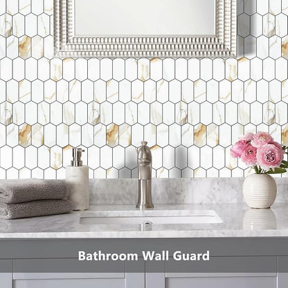 Vamos Tile Long Hexagon Peel and Stick Backsplash Tile - 10 Sheets Stick on Backsplash for Kitchen and Bathroom 12.4 x 12 Inch Calacatta Gold PVC Self Adhesive Mosaic Wall Tiles
