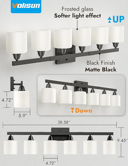 VOLISUN Matte Black Bathroom Light Fixtures, 6-Light Bathroom Vanity Lights Over Mirror, Modern Vanity Light for Bathrooms, Bathrooms Lights Fixtures Over Mirror with Milky White Frosted Glass Shades
