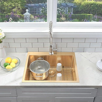 25x22 Gold Kitchen Sink, 25 Inch Drop In Gold RV Laundry Utility Sink, Top Mount 16 Gauge Stainless Steel Single Bowl 8 Inch Deep Small Kitchen Sink