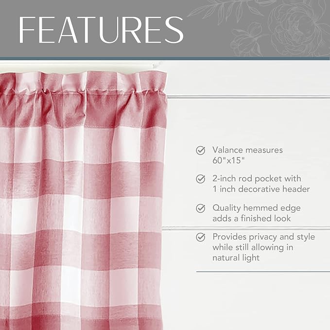 Farmhouse Living Buffalo Check Window Valance, Red/White - 60" W x 15" L