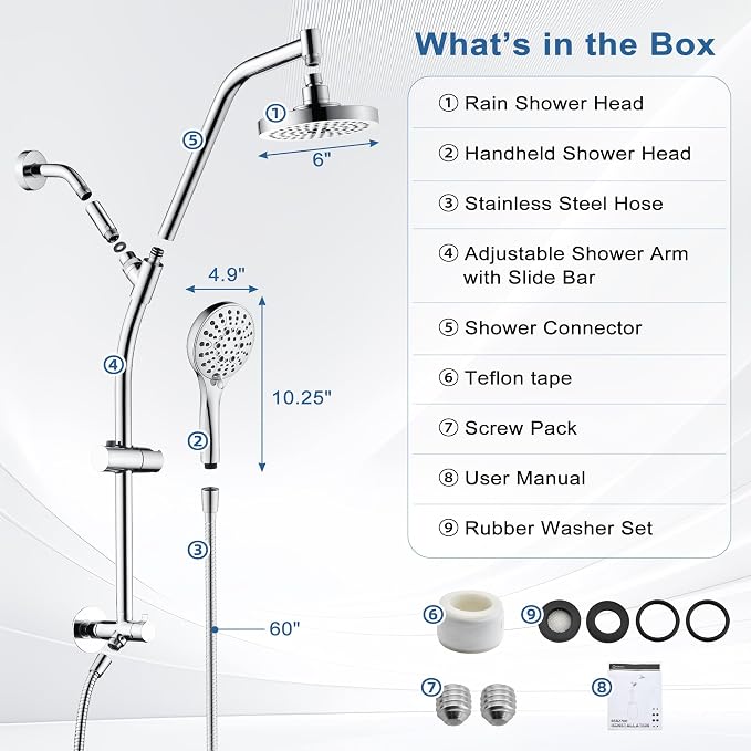 BRIGHT SHOWERS Rain Shower Head with Handheld Combo, Dual Shower System with Slide Bar, Rain Shower System, Adjustable Height, Brass Slide Bar & Diverter, 60 Inch Stainless Steel Hose, Chrome