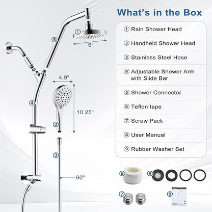BRIGHT SHOWERS Rain Shower Head with Handheld Combo, Dual Shower System with Slide Bar, Rain Shower System, Adjustable Height, Brass Slide Bar & Diverter, 60 Inch Stainless Steel Hose, Chrome