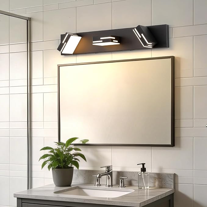 3-Light 5CCT Modern Bathroom Vanity Light Fixtures, 24-Inch 350° Rotatable LED Vanity Lights Over Mirror, Dimmable Matte Black Wall Sconce with Frosted Acrylic Shade