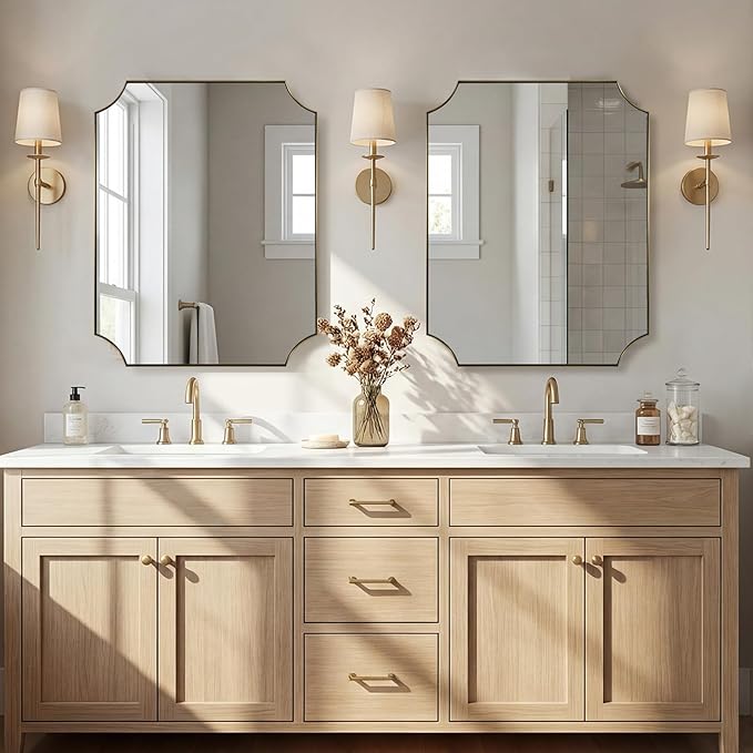 30x36 Inch Gold Vanity Mirror, Brushed Brass Mirrors for Bathroom Sink, Scalloped Rectangle Mirror with Anti-Rust Stainless Steel Thin Frame, Wall Mount Vertical or Horizontal