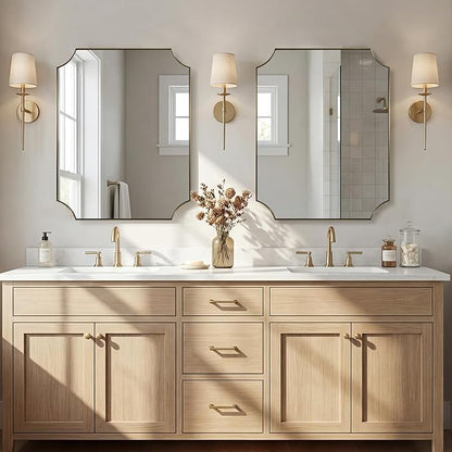 30x36 Inch Gold Vanity Mirror, Brushed Brass Mirrors for Bathroom Sink, Scalloped Rectangle Mirror with Anti-Rust Stainless Steel Thin Frame, Wall Mount Vertical or Horizontal
