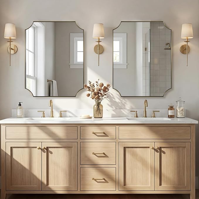 Gold Vanity Mirror, 24x32 Inch Scalloped Mirror for Bathroom, Brushed Gold Mirror in Anti-Rust Stainless Steel Metal 1" Frame, Antique Scalloped Edge Design, Ideal for Home Remodel