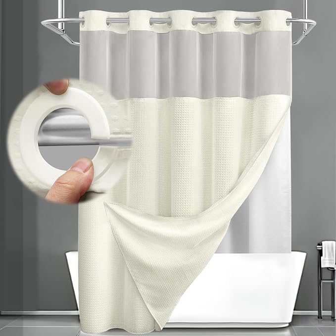 No Hook Shower Curtain with Liner Set Hotel Waffle Curtain Cream 72W X 75L | Washable Snap in Fabric Liner, Mesh Top Window, Waffle Hotel Style Shower Curtain Set