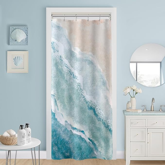 Teal Blue Small Stall Shower Curtain 36 x 72 Inch, Half Narrow Beach Ocean Themed Shower Curtain, Summer Tropical Nautical Coastal Shower Curtains for Bathroom Decor