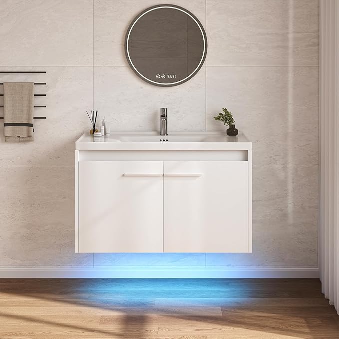 4ever2buy 31" Floating Bathroom Vanity with Sink, Modern White Bathroom Vanity with LED Light, Wall Mounted Sink Cabinet with 2 Doors, White