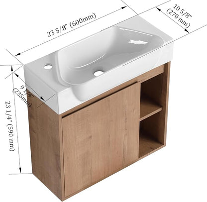 24" Bathroom Vanity with Ceramic Sink, Farmhouse Cabinet, Natural | Curved Sink Ceramic, Soft-Close Door, Interior Compartment and 2-Tier Open Side Shelves, 45° Inclined Edge Handle