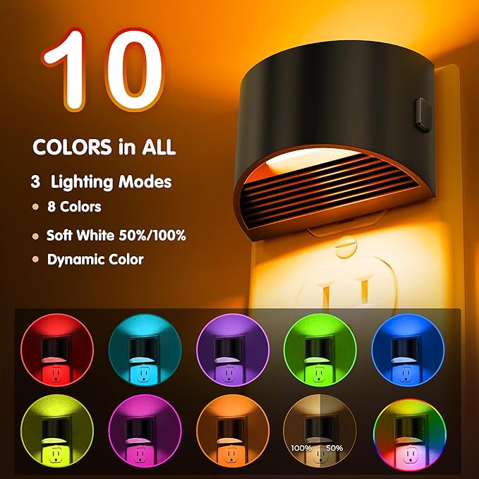 L LOHAS LED Night Lights Plug into Wall, 8 Colored Kids Night Light, 2 Pack | Built-in Dusk to Dawn Sensor, Color Changing Mode, Black Housing