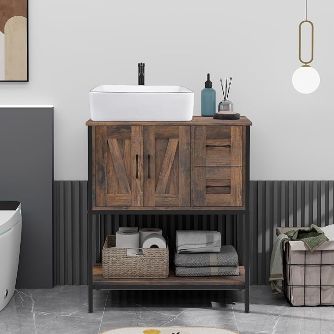 YOURLITE Bathroom Vanity, 30" Rustic Brown Bathroom Vanity with Sink Combo Set, Farmhouse Modern Wood Cabinet with White Ceramic Vessel Sink