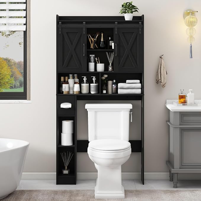 Vabches Over The Toilet Storage Cabinet with Sliding Doors, Black | Farmhouse Storage Cabinet Over Toilet, Home Space-Saving Toilet Rack, Toilet Paper Holder Stand,for Restroom,Bathroom,Laundry