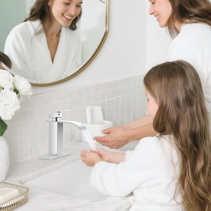 Chrome Bathroom Faucets, Waterfall Bathroom Sink Faucet Single Handle Bathroom Faucet for 1 or 3 Hole, Mixer Tap Vanity Faucet with Deck Plate, Pop-up Drain and Supply Hoses