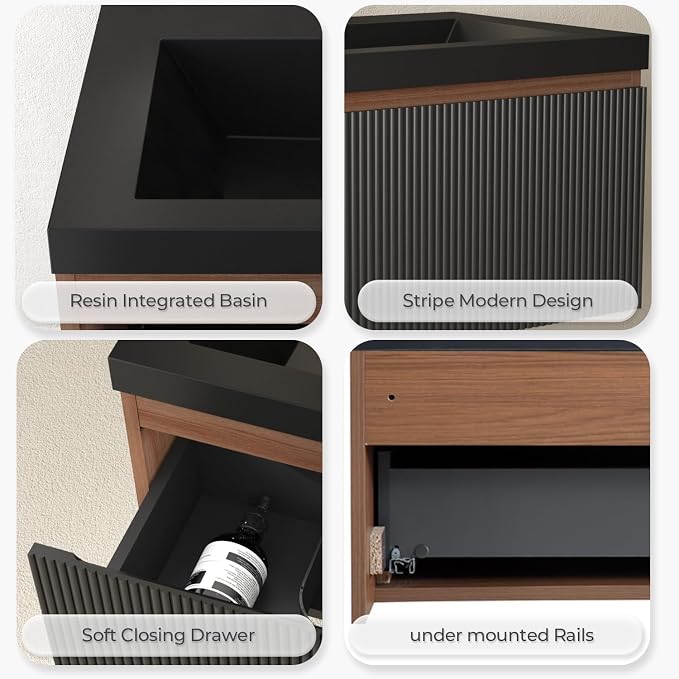 30 Inch Floating Bathroom Vanity with Sink, Wall Mounted Striped Storage Cabinet, Soft Close Drawer, Black Quartz Sand Basin, Fully Assembled, Smoked Walnut Finish