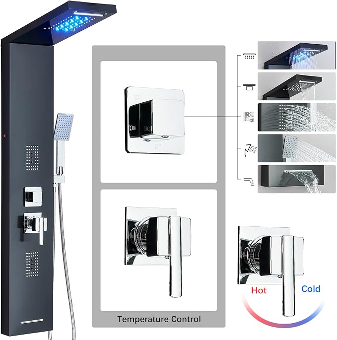 Shower Tower Panel System with LED Rainfall Shower Head, Stainless Steels Shower Tower System 2-in-1 Body Jets,Handheld Showerhead,Bathtub Filler Black-8127