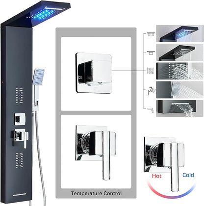 Shower Tower Panel System with LED Rainfall Shower Head, Stainless Steels Shower Tower System 2-in-1 Body Jets,Handheld Showerhead,Bathtub Filler Black-8127