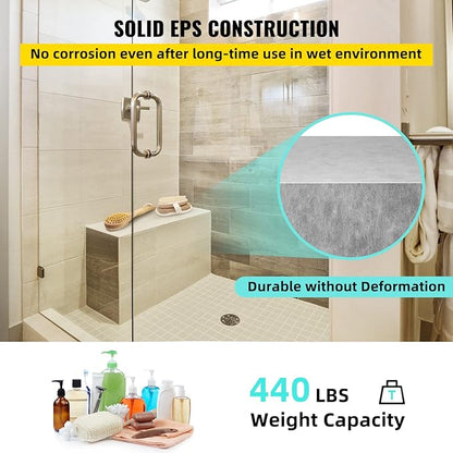VEVOR Tile Shower Seat, 47.2" x 16" x 20" Ready to Tile Shower Seat, Factory Waterproof & 100% Leak Proof Tileable Shower Corner Seat, 440 lbs Load-Bearing Rectangular Board Shower Bench, Grey