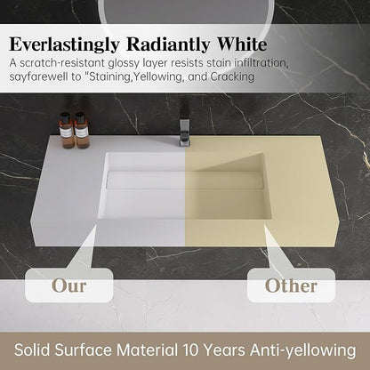 42" x 18" Wall Mount Sink, Stone Resin Rectangular Bathroom Sink | Modern Floating Vessel Sinks for Vanity, Art Basin Trough, Durable and Stylish Bathroom Sinks for Modern Homes, White