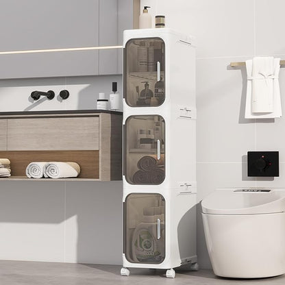 3 Tier Slim Bathroom Storage Cabinet, Foldable and Movable, White | Tools Free, ABS and PET, Magnetic Clear Door, Adjustable Shelves, Lockable Wheels, Water Resistant, For Narrow Space