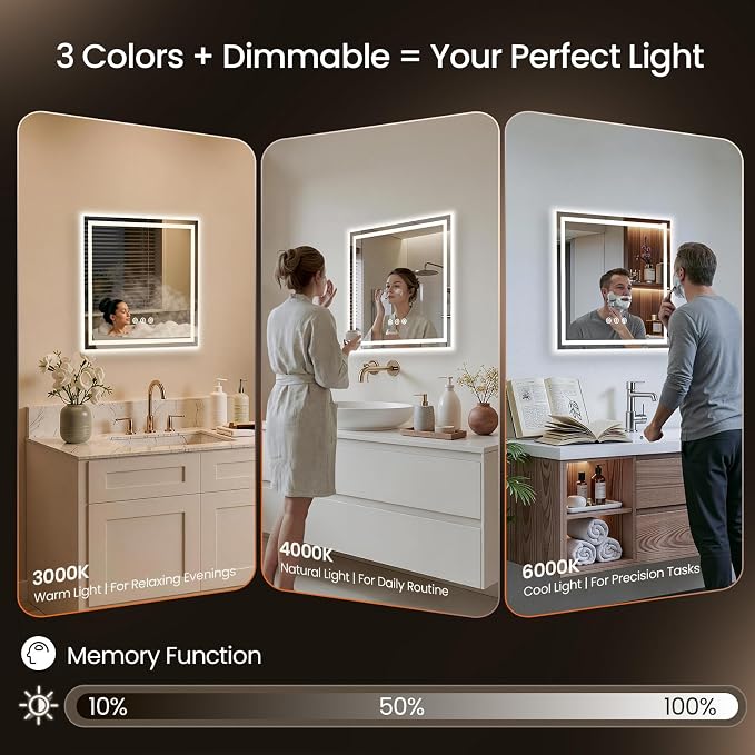 30x30 LED Bathroom Mirror with Anti-Fog, Backlit & Front Lit, Memory | Stepless Dimmable 3 Color CRI 95+ Shatterproof Tempered Glass ETL Listed for Safety Lighted Bathroom Vanity Mirror for Wall