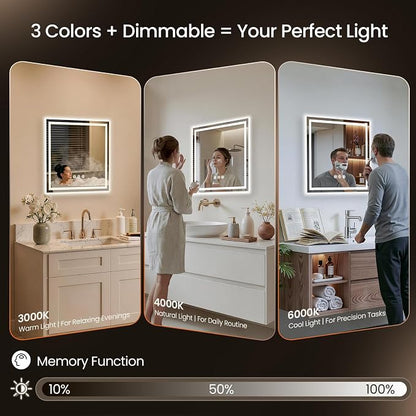 30x30 LED Bathroom Mirror with Anti-Fog, Backlit & Front Lit, Memory | Stepless Dimmable 3 Color CRI 95+ Shatterproof Tempered Glass ETL Listed for Safety Lighted Bathroom Vanity Mirror for Wall