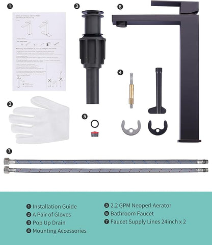 ARCORA Vessel Sink Faucet Oil Rubbed Bronze, Single Handle Tall Bathroom Faucet, Single Hole Lavatory Vanity Mixer Tap with Pop Up Drain and Supply Lines