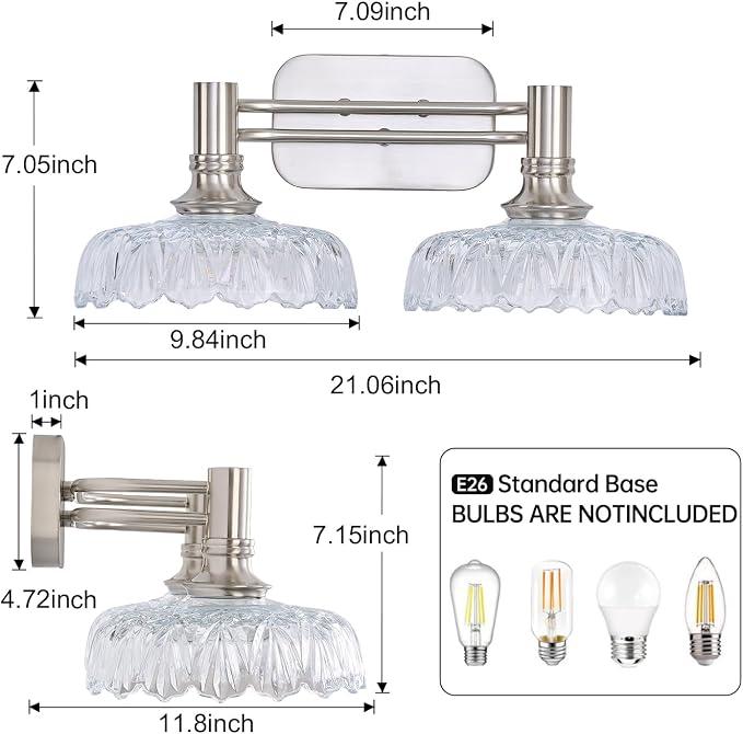 Brushed Nickel Bathroom Vanity Light Fixtures Modern 2-Light Vanity Lights Bathroom Lighting Vintage Wall Sconces for Pictures Mirror Hallway Bedroom
