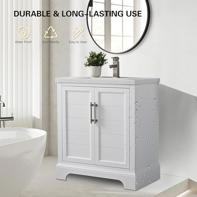 HOMEBEYOND 30 Inch Bathroom Vanity with Single Sink & Ceramic Top, Vanity Cabinet with Center Countertop Basin, Soft-Closing Doors,White