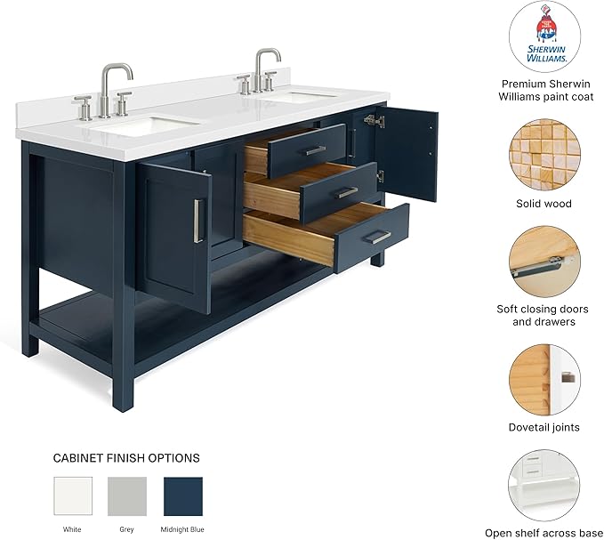 DKB Olivia 72" Midnight Blue Double Bathroom Vanity, 1.5" Pure White Quartz Countertop, Rectangular Undermount Sinks, 4 Soft-Closing Doors, 3 Dovetail Full Extension Drawers