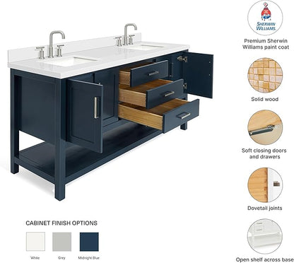 DKB Olivia 72" Midnight Blue Double Bathroom Vanity, 1.5" Pure White Quartz Countertop, Rectangular Undermount Sinks, 4 Soft-Closing Doors, 3 Dovetail Full Extension Drawers