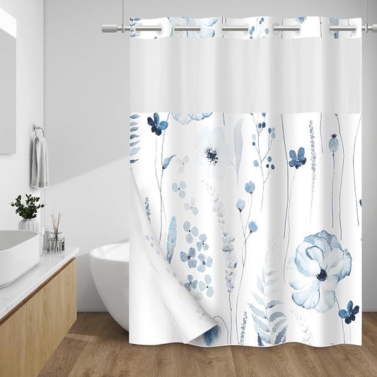 No Hook Floral Shower Curtain with Liner, Moonlight Blue, 71x74 | Snap in Liner, 3 in 1, Water Repellent, Easy Install, Machine Washable, Hotel Style for Bathroom, Watercolor Pattern