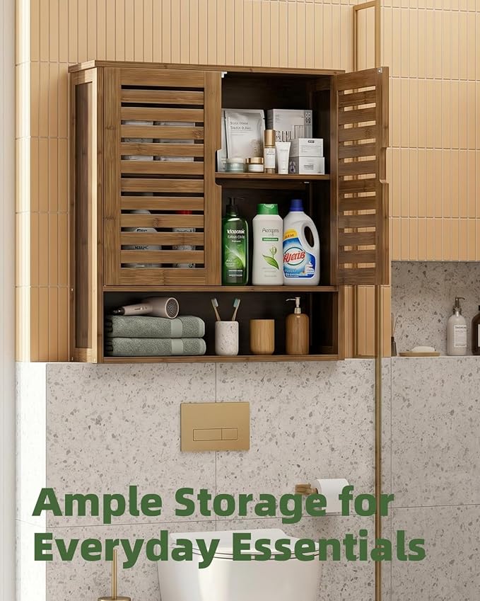 SMIBUY Bathroom Cabinet Wall Mounted, Bamboo Over-The-Toilet Storage Organizer, Space Saver Medicine Cabinet with 2 Door and Adjustable Shelves (Walnut)