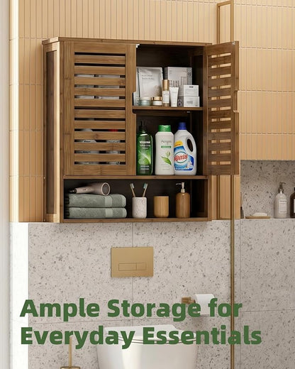 SMIBUY Bathroom Cabinet Wall Mounted, Bamboo Over-The-Toilet Storage Organizer, Space Saver Medicine Cabinet with 2 Door and Adjustable Shelves (Walnut)
