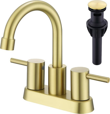 4 Inch Centerset Brushed Gold Bathroom Sink Faucet 2 or 3 Hole | Stainless Steel 2 Handle Gold Bathroom Faucet, Sink Faucet for Vanity, Rv, Restroom
