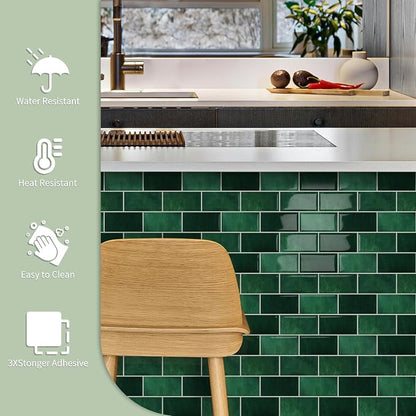 10-Sheet Thick Peel and Stick Kitchen Backsplash Tiles | 3D Subway Waterproof Self-Adhesive Wall Tile Stick on Backsplash for Kitchen and Bathroom(Dark Green,12.6"×10.6")